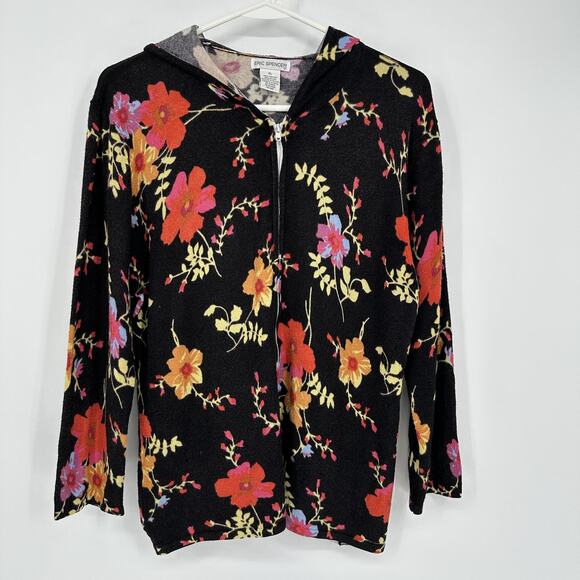 Eric Spencer Sweater Womens XL Black Floral Print Hooded Zip Up Pullover Cottage - Picture 2 of 10